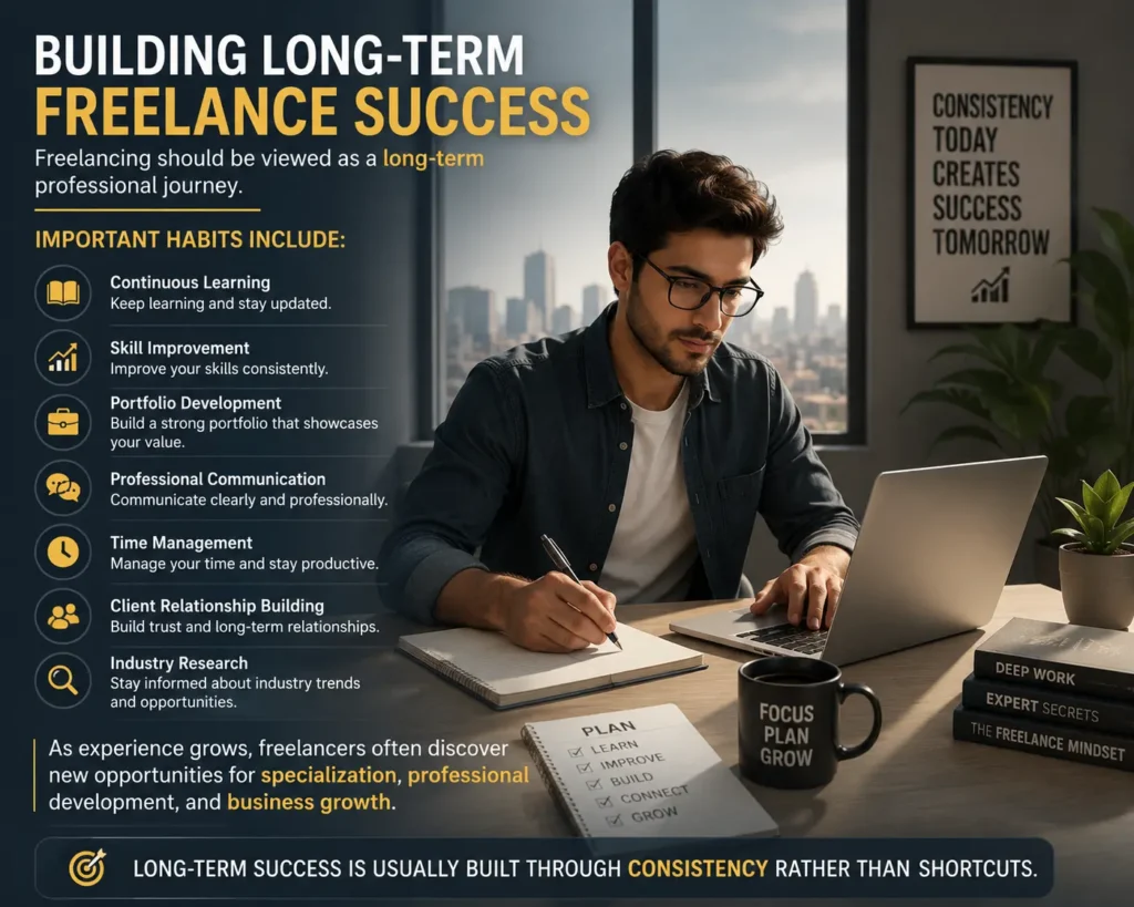 Building long-term freelance success through continuous learning, skill development, portfolio growth, and client relationship management