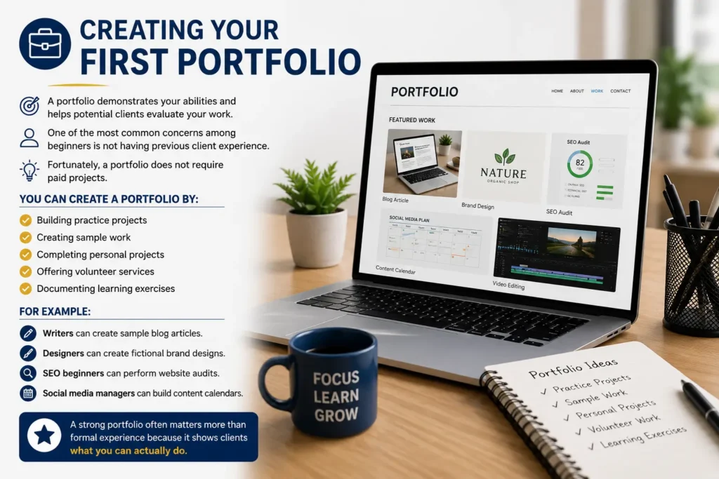 Professional portfolio creation workspace showing freelance sample projects, website portfolio examples, and beginner portfolio ideas on a laptop.