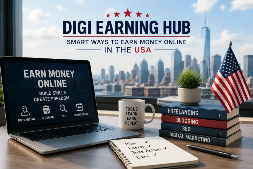 Professional online earning workspace in the USA with laptop, freelancing, blogging, SEO, and digital marketing concept