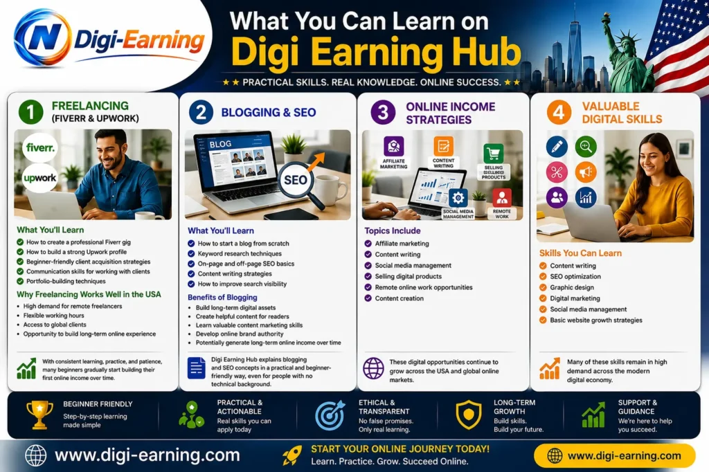 Digi Earning Hub infographic showing online earning opportunities in the USA, including freelancing on Fiverr and Upwork, blogging, SEO, affiliate marketing, content writing, digital marketing, and social media management.