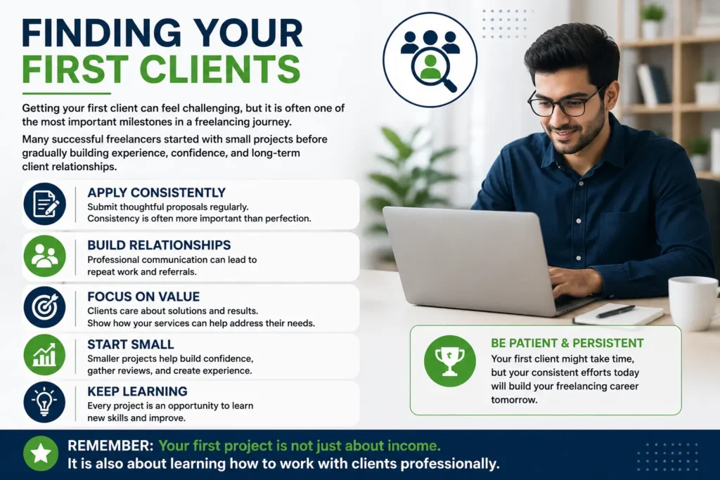 Professional infographic showing how beginner freelancers can find their first clients by applying consistently, building relationships, focusing on value, starting small, and continuously learning.