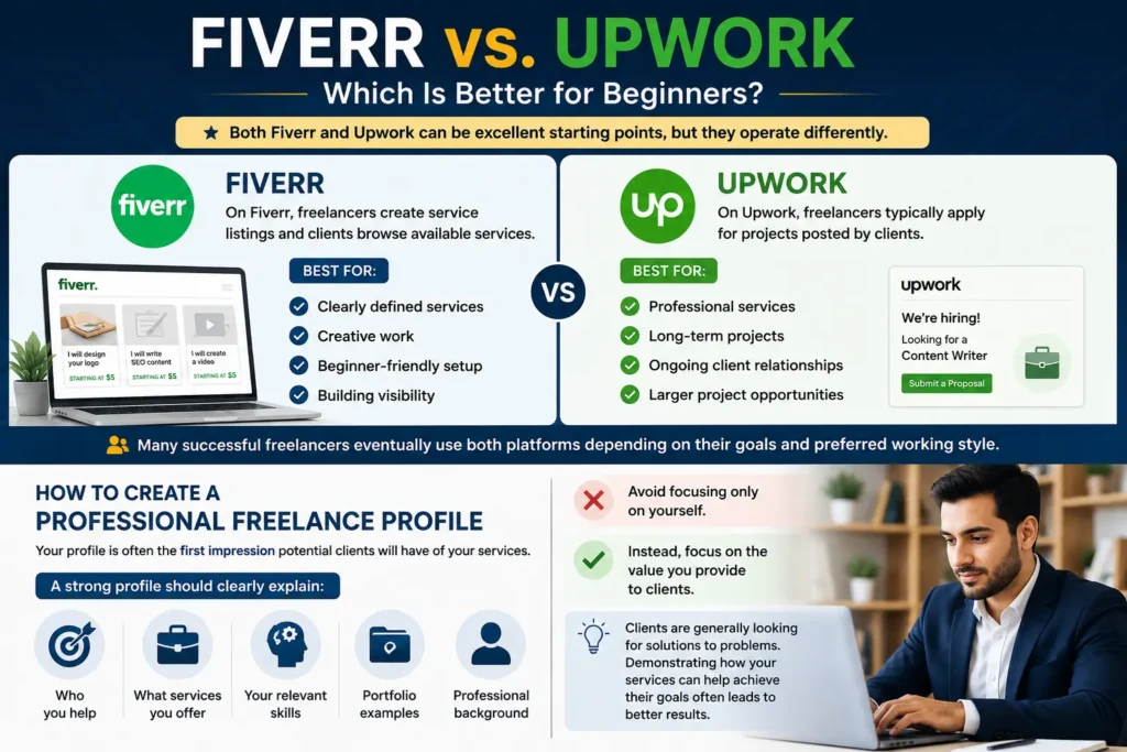 Fiverr vs Upwork comparison infographic showing the differences between both freelance platforms and how beginners can create a professional freelance profile.