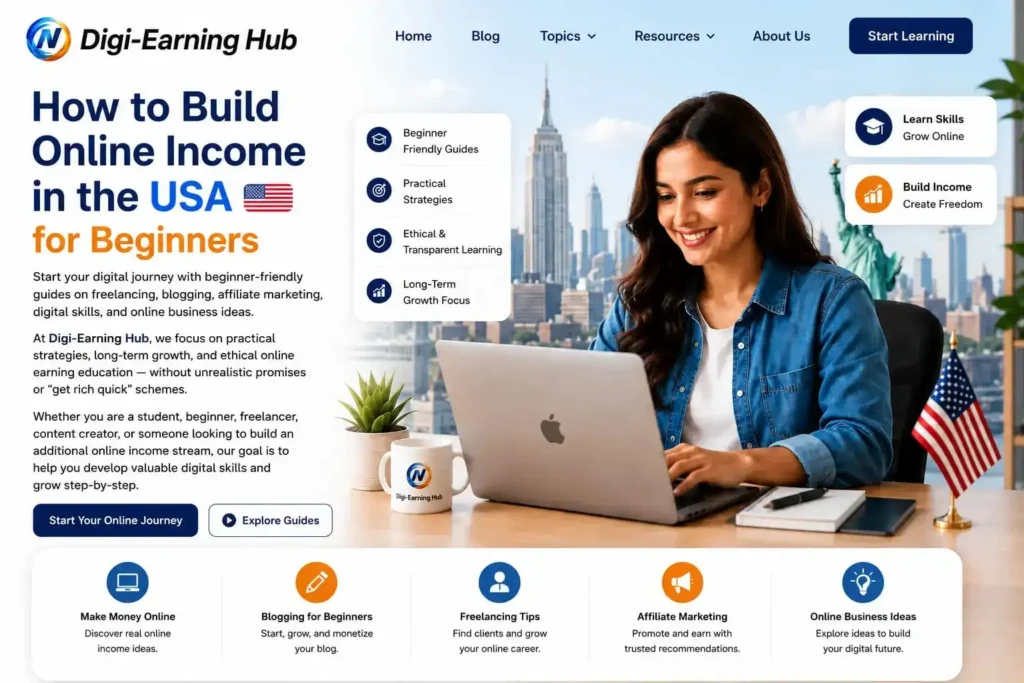 Beginner learning online income skills in the USA through freelancing, blogging, affiliate marketing, and digital business training at Digi-Earning Hub.
