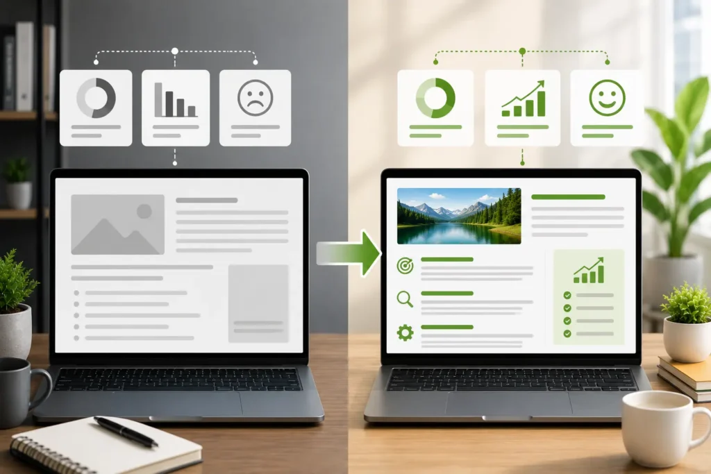 Before vs after SEO optimization comparison showing improvements in title, URL, headings, keyword usage, meta description, internal links, and image optimization.
