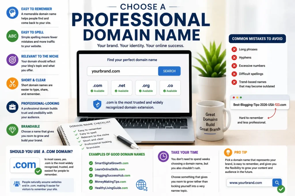 Professional blogger searching for the perfect domain name to build a successful blog and online brand.