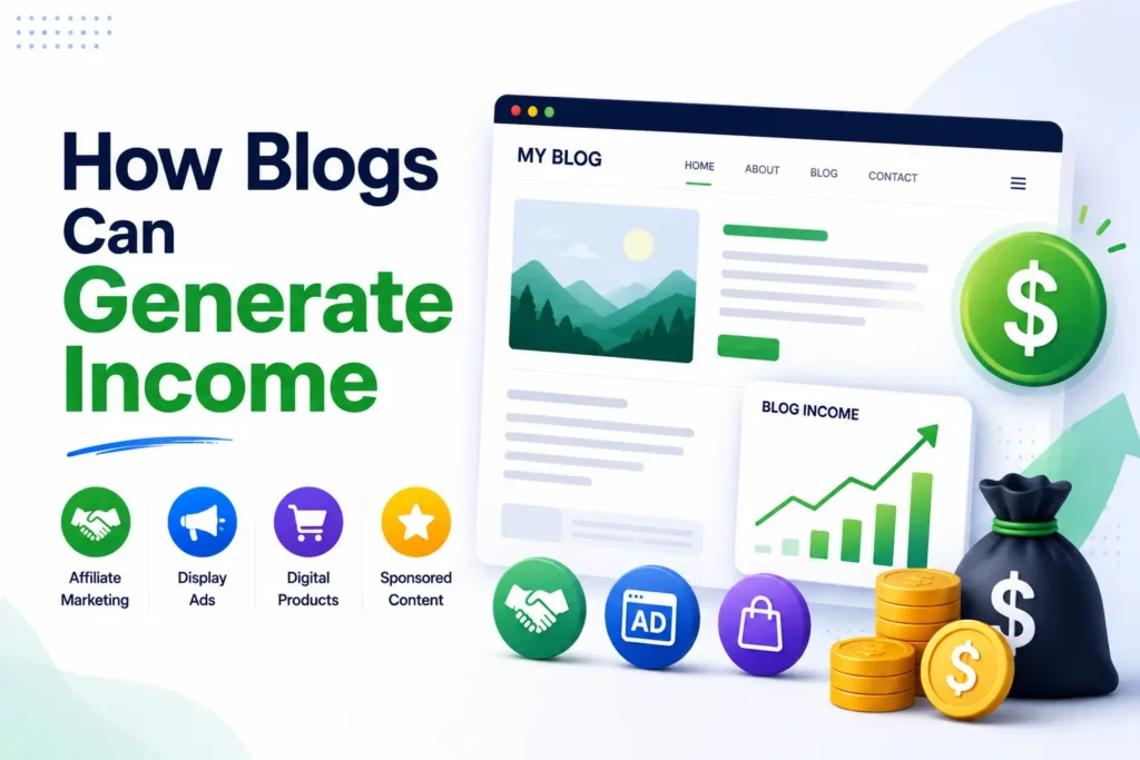 How blogs can generate income through affiliate marketing, display advertising, digital products, sponsored content, and growing website traffic.