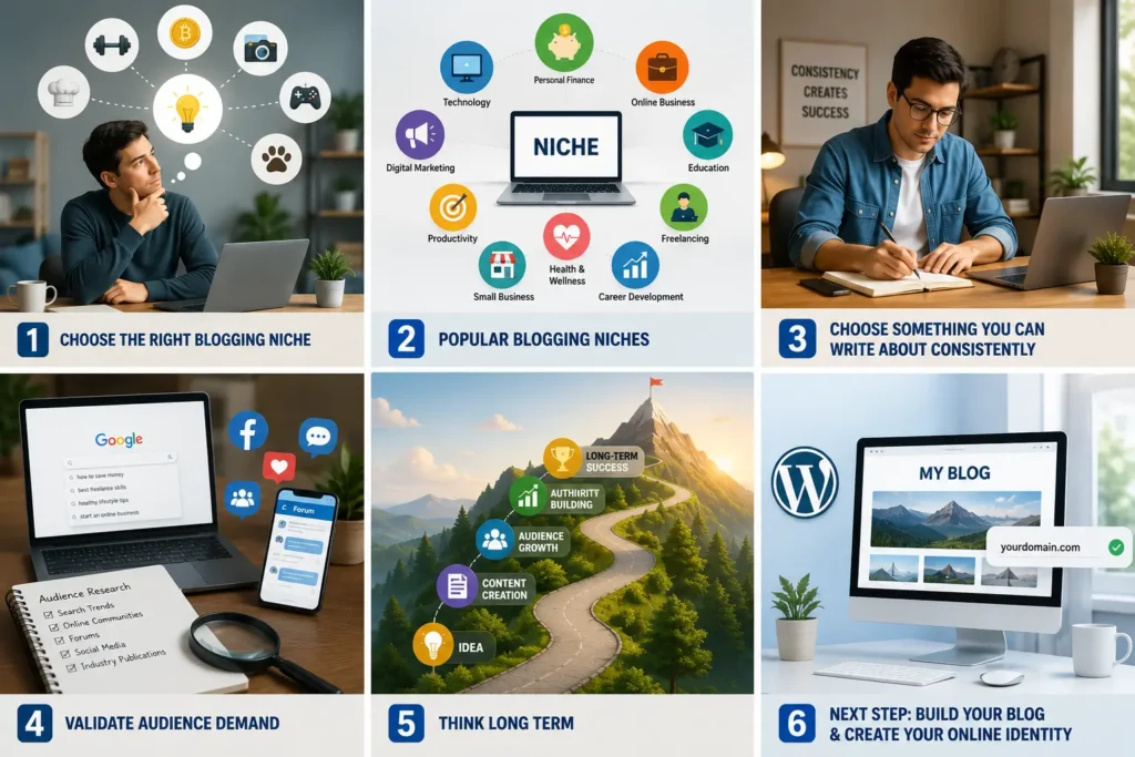 Infographic showing six steps to choose the right blogging niche, validate audience demand, and build a successful blog.