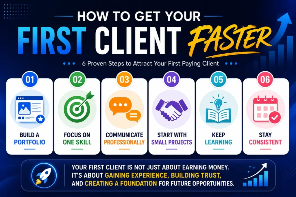 Infographic showing 6 proven ways to get your first freelance client faster, including building a portfolio, choosing one skill, communicating professionally, starting with small projects, continuous learning, and staying consistent.