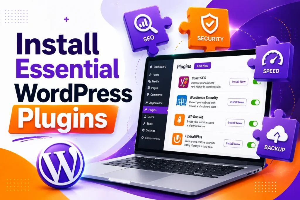 Install essential WordPress plugins to improve SEO, website security, speed optimization, and backup management for a high-performing website.