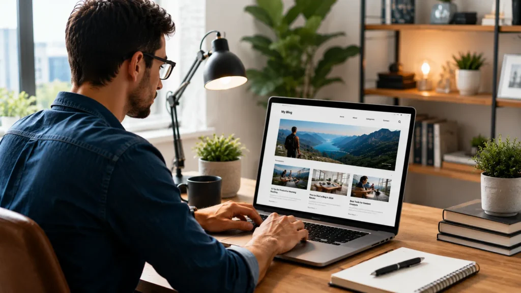 Professional blogger working on a laptop in a modern home office while creating and managing blog content online