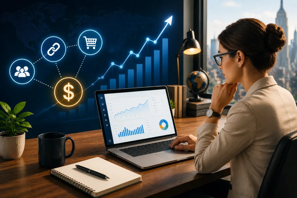 Professional female entrepreneur working on affiliate marketing strategy with business growth charts and commission tracking dashboard.