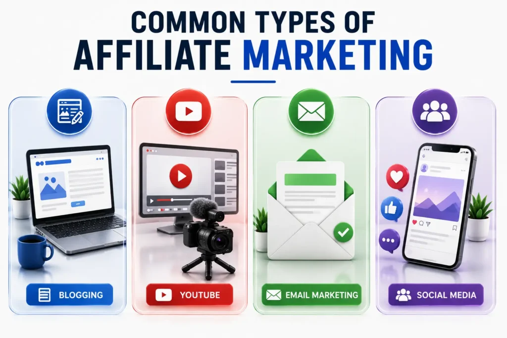 Affiliate marketing channels infographic featuring blogging, YouTube, email marketing, and social media strategies.