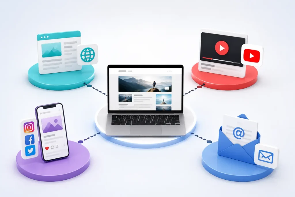 Affiliate marketing content platform featuring a blog website social media video content and email marketing channels.