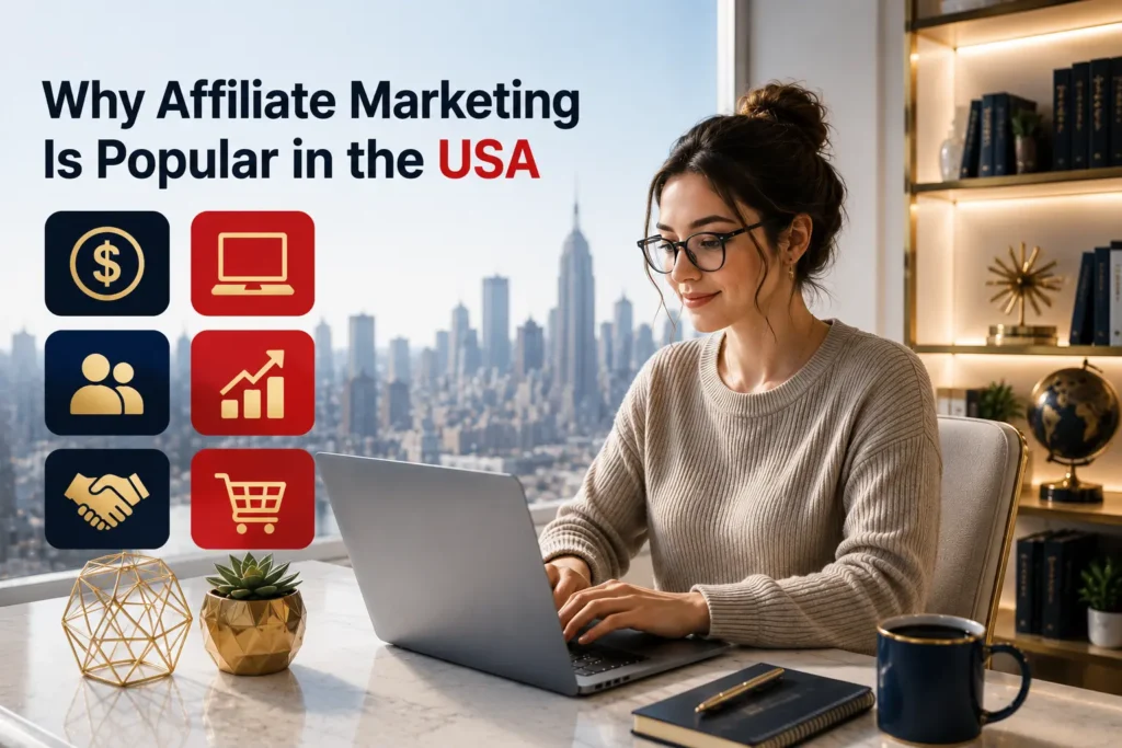 Affiliate marketing business growth in the USA with remote online work professional.