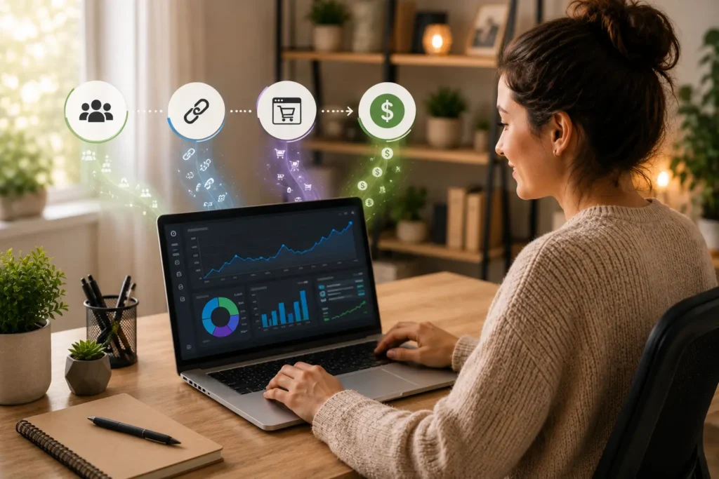 Female affiliate marketer analyzing website traffic, affiliate links and commission earnings on a laptop in a modern home office.
