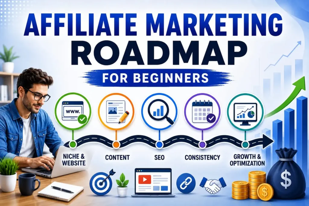 Simple affiliate marketing roadmap for beginners with steps including niche selection, content creation, SEO, consistency, and business growth.