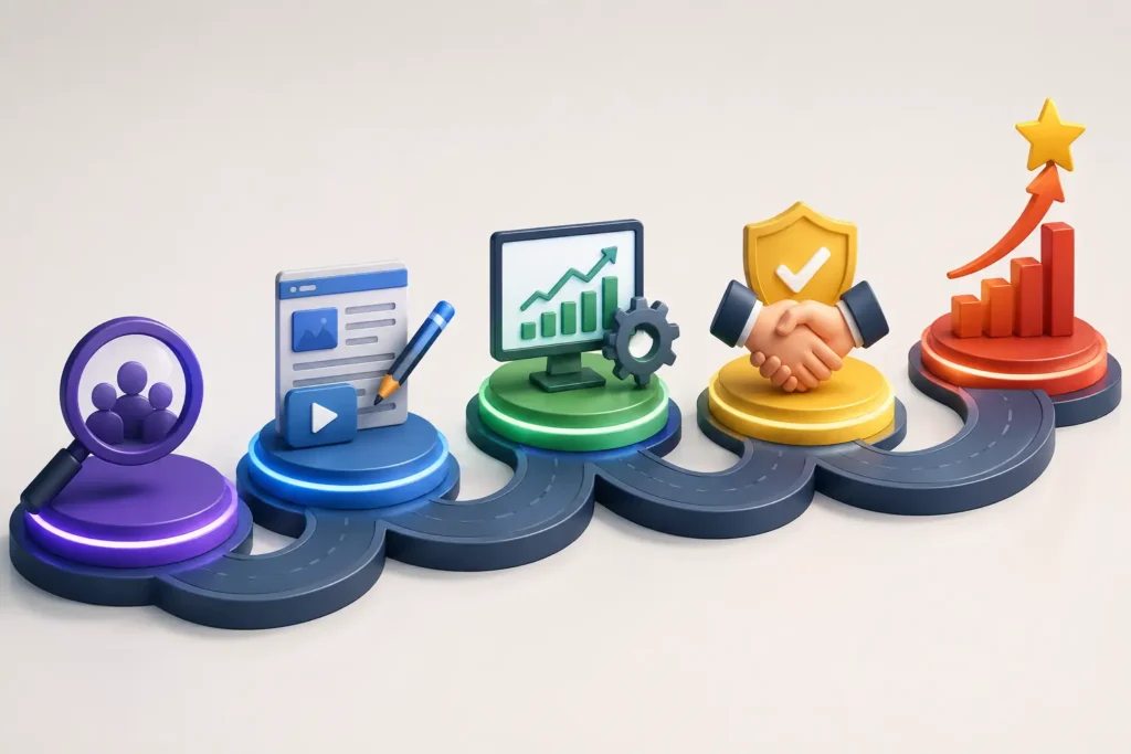 Affiliate marketing success roadmap showing niche selection, content creation, SEO growth, trust building, and long-term business success.