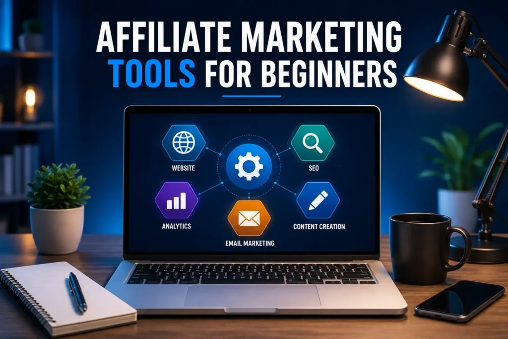 Affiliate marketing tools for beginners including website building, SEO, analytics, email marketing, and content creation tools.