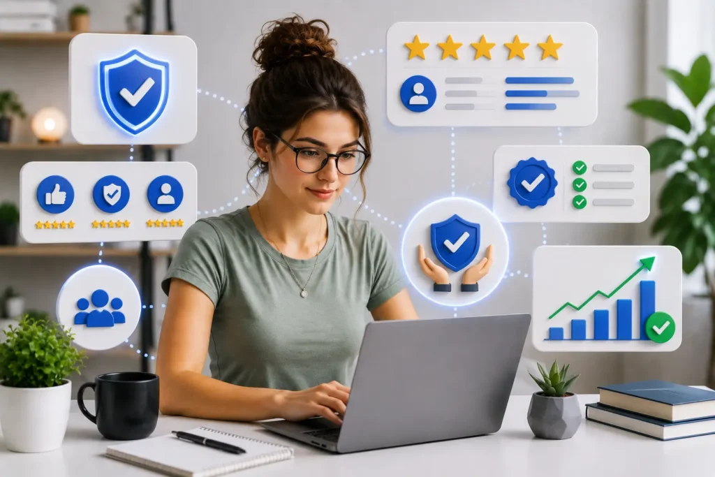 Young woman with glasses building trust and credibility through honest affiliate marketing reviews and audience engagement.