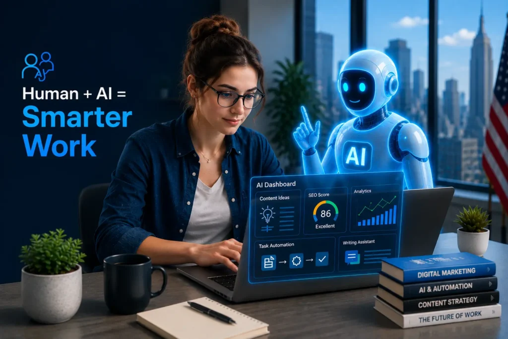 Young American woman using AI productivity tools and automation software while working alongside an AI assistant in a modern digital workspace.