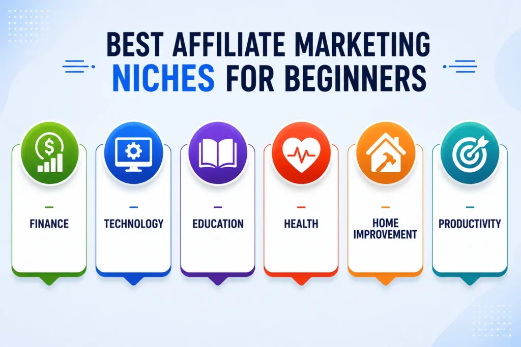 Best affiliate marketing niches for beginners in 2026 including finance, technology, education, health, home improvement, and productivity.