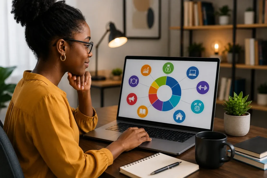 African female blogger comparing profitable blogging niches using analytics dashboard and niche performance data.