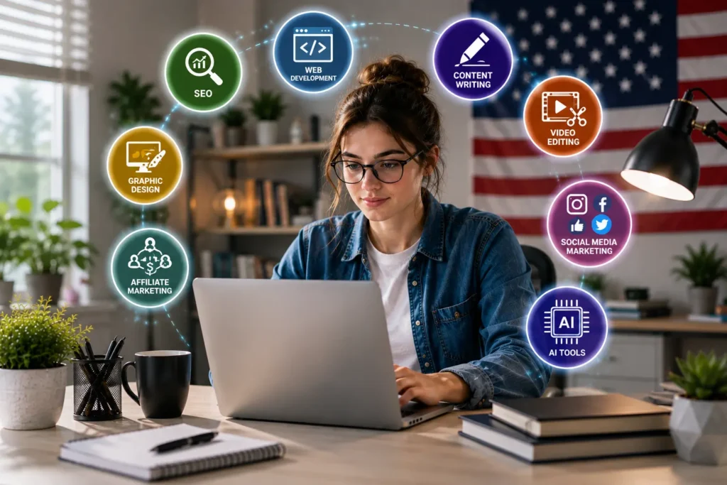 Young American woman working on a laptop while learning digital skills such as SEO, web development, content writing, affiliate marketing, and AI tools in 2026.
