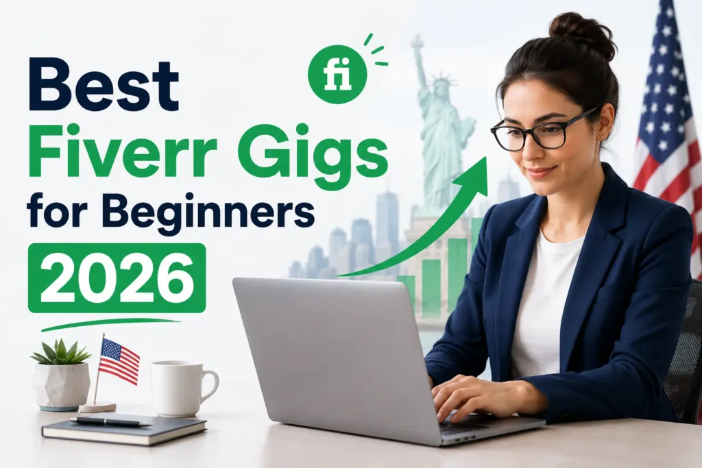 Professional American woman working on a laptop showing the best Fiverr gig categories for beginners in 2026