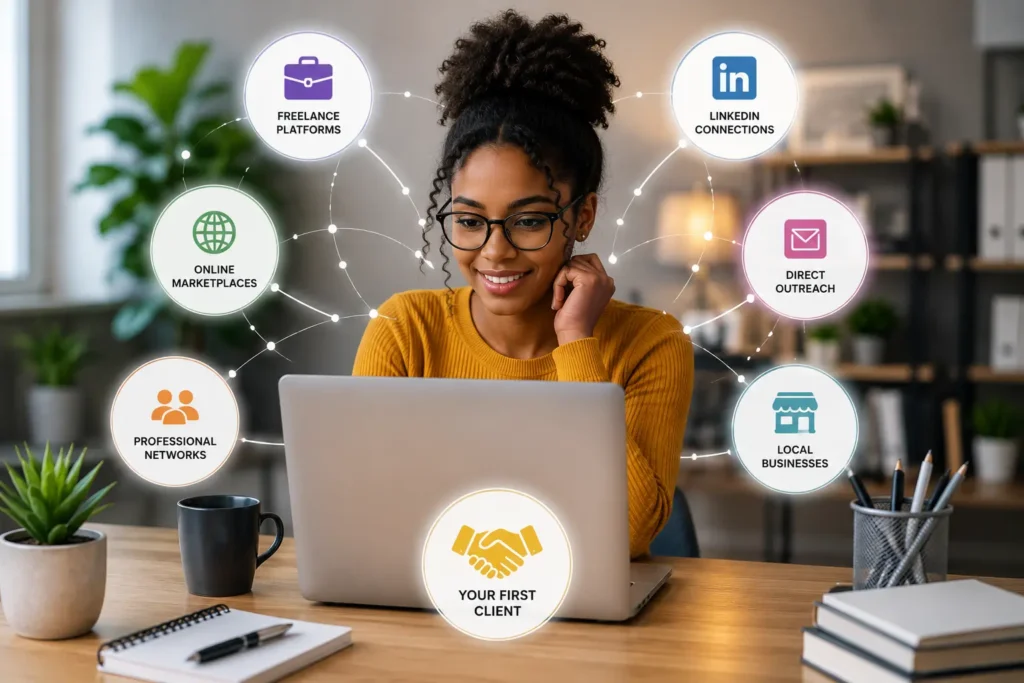 Professional freelancer exploring online networking and client acquisition opportunities through a modern digital workspace.