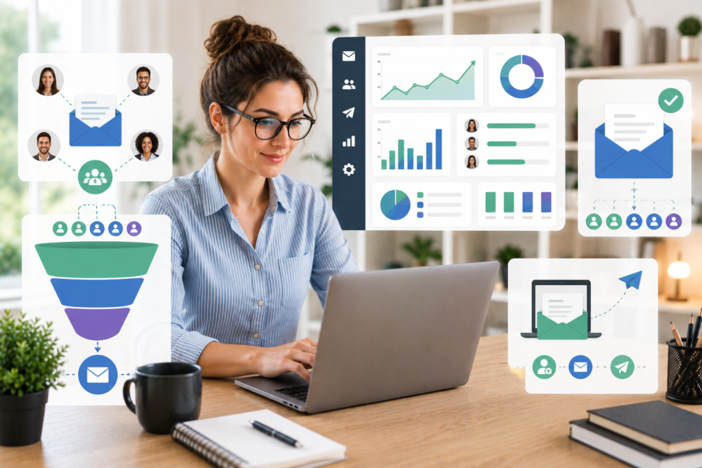 American female digital marketer wearing glasses analyzing email marketing dashboard and subscriber growth funnel.