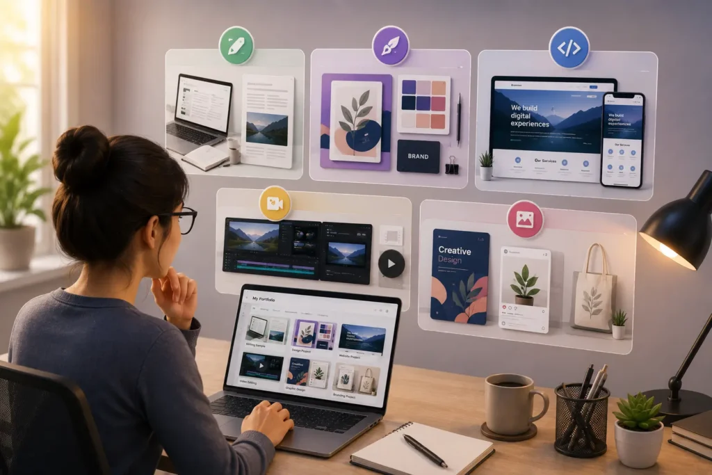 Beginner freelancer building portfolio samples with writing, design, video editing, and website mockup projects before getting clients.
