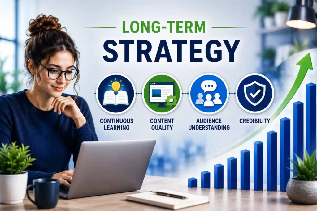 Building a long-term affiliate marketing strategy with continuous learning, content quality, audience understanding, and credibility.