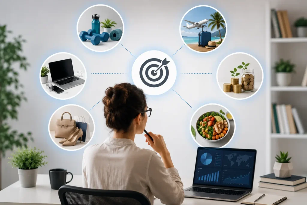 Affiliate marketer selecting a profitable niche from multiple categories including technology finance travel health and lifestyle.