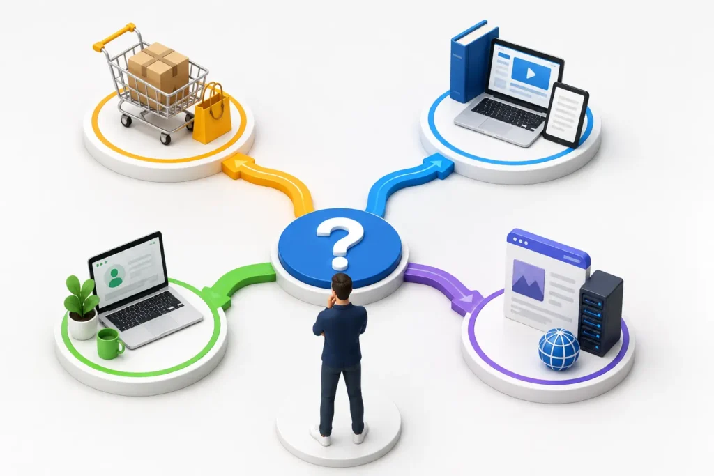 Affiliate network decision tree: Amazon, ClickBank, Fiverr, Bluehost options.