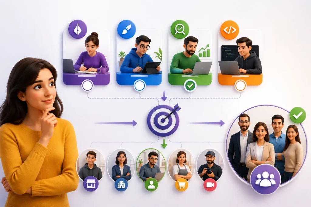 Freelancer choosing one specialized service and identifying a target market to attract the right clients in the USA.