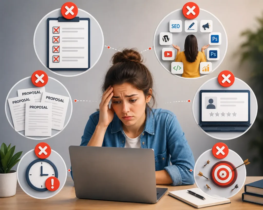 Beginner freelancer making common mistakes like sending generic proposals, offering too many services, and missing client opportunities in the USA.