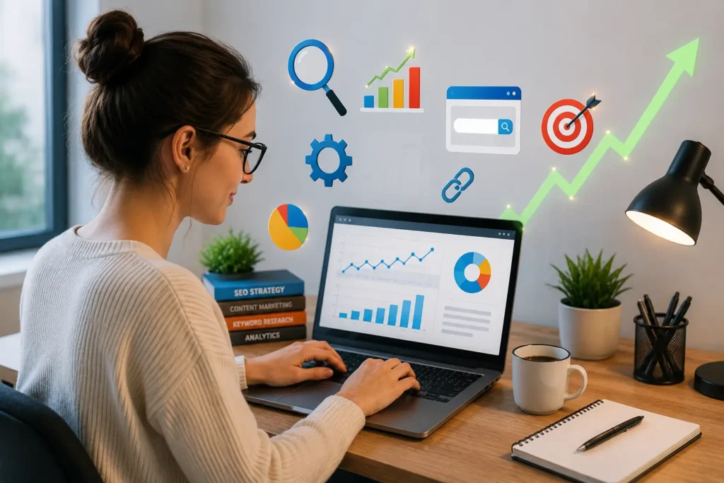 Beginner blogger analyzing SEO, keyword research, Google search rankings, website analytics, and organic traffic growth on a laptop.