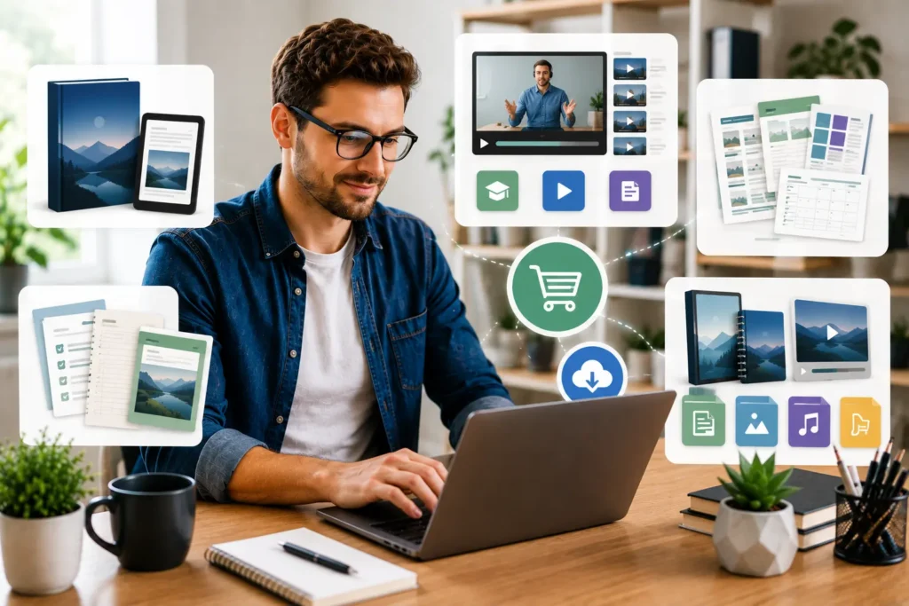 American male entrepreneur with glasses creating digital products including ebooks templates and online courses for blog monetization.