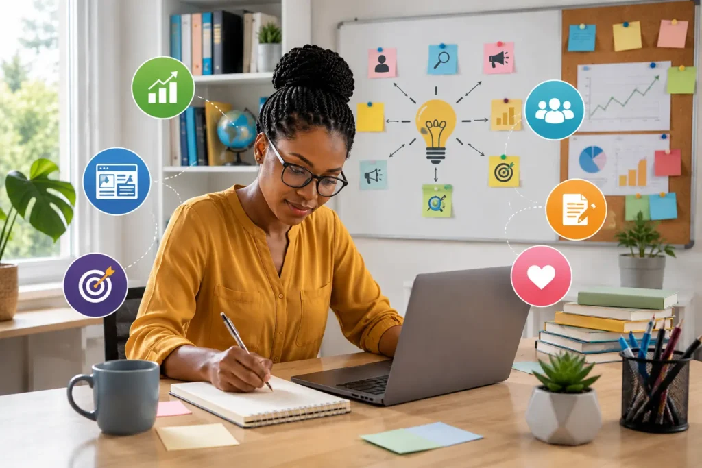African female blogger creating audience-focused content and content strategy for a successful blog in a modern home office.