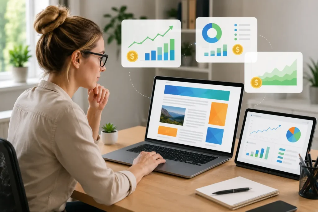 American female blogger analyzing display advertising revenue, website monetization dashboard, and blog traffic analytics.