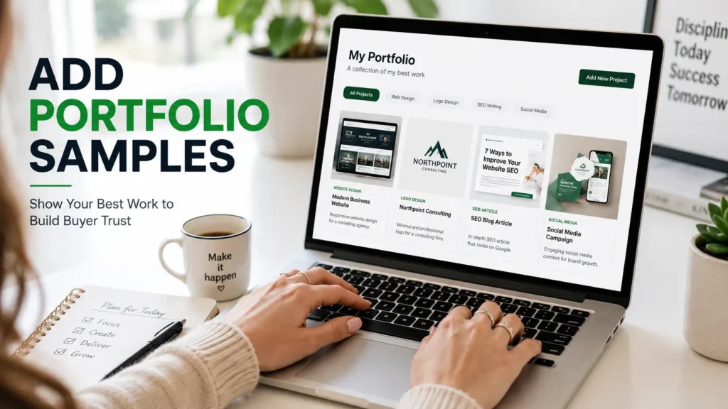 Freelancer adding portfolio samples on a laptop to showcase website design, logo design, SEO writing, and social media projects on Fiverr.