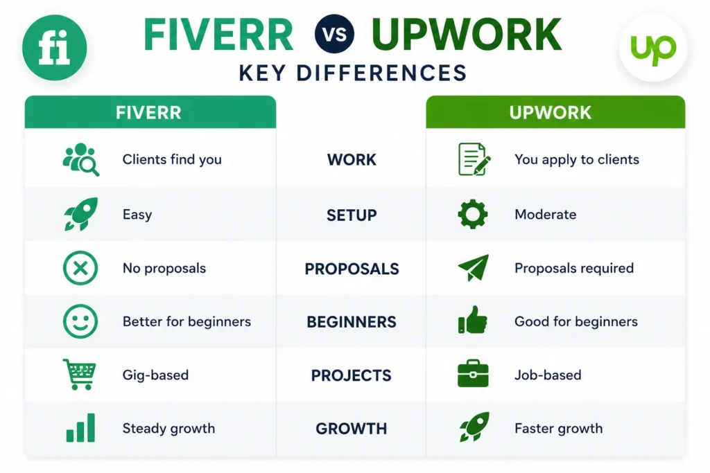 Side-by-side comparison infographic showing key differences between Fiverr and Upwork for beginner freelancers in 2026.