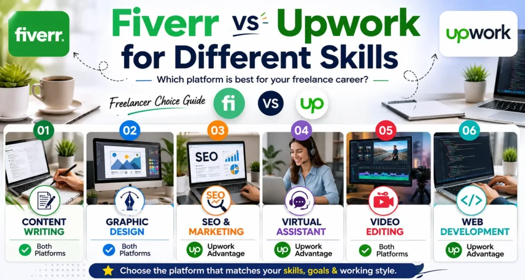 Infographic comparing Fiverr and Upwork for content writing, graphic design, SEO, virtual assistant, video editing, and web development services.