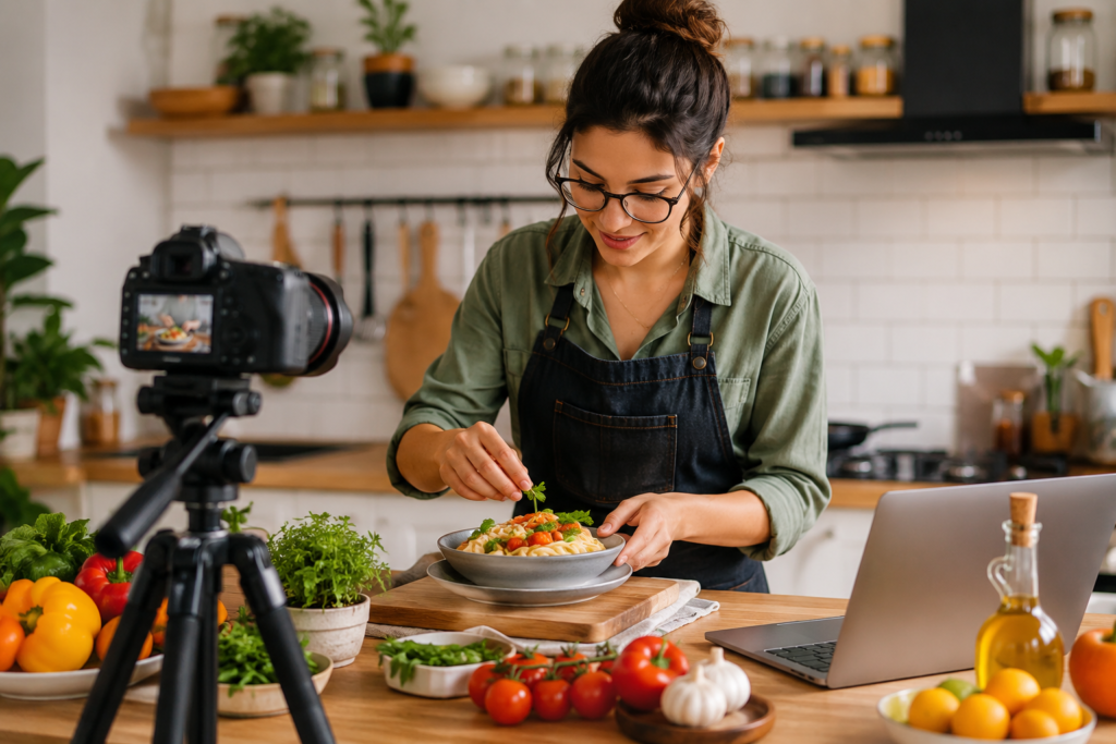 Young female food blogger creating recipes and photographing healthy homemade meals in a modern kitchen for a food blog in the USA.