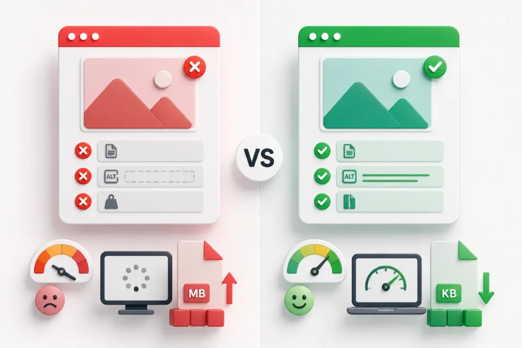 Infographic comparing good and bad image optimization, highlighting optimized filenames, descriptive alt text, compressed images, and common image SEO mistakes.