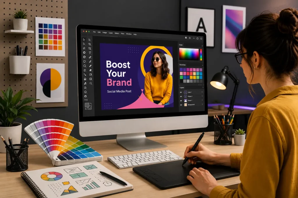 Graphic designer creating social media graphics in a creative digital workspace with design tools.
