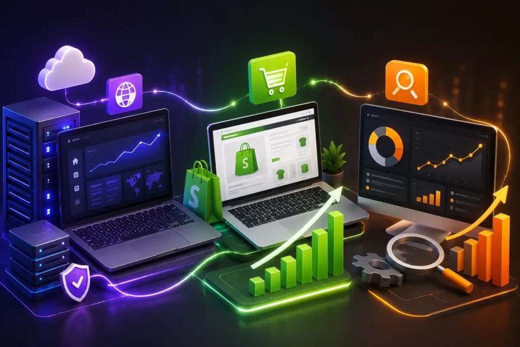 Hosting dashboard, website growth analytics, eCommerce platform tools, and SaaS marketing software illustration for affiliate marketing programs.