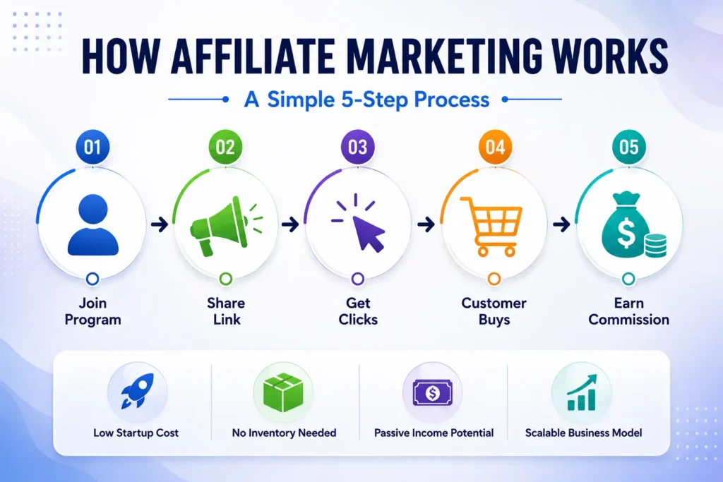 How affiliate marketing works infographic showing the process from joining a program to earning commissions through affiliate links.