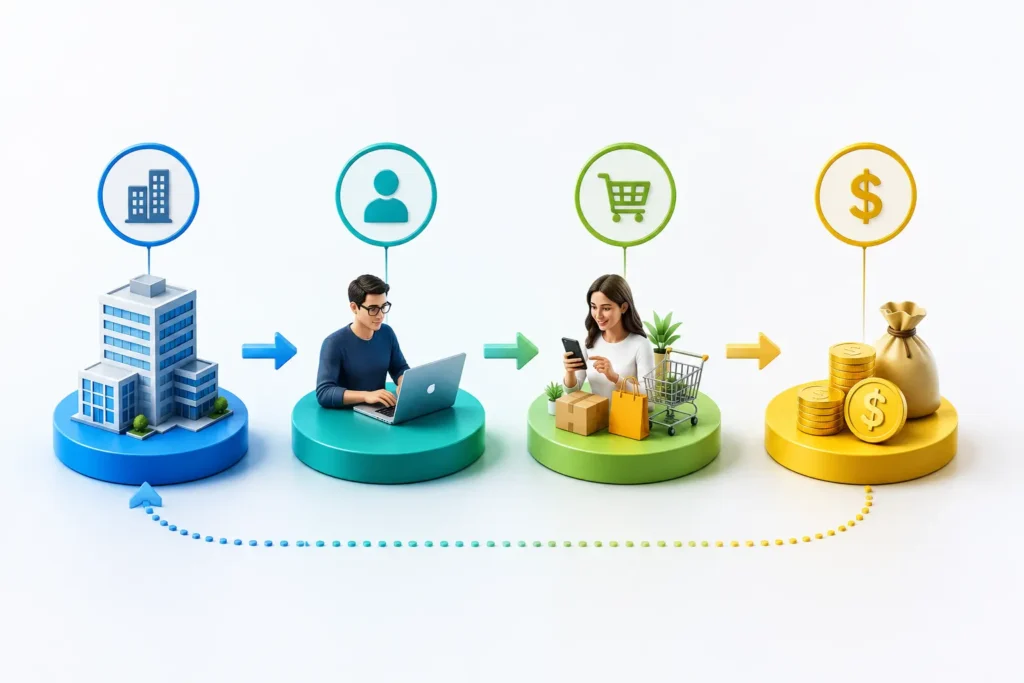 Affiliate marketing process flowchart showing company affiliate customer and commission earning model.