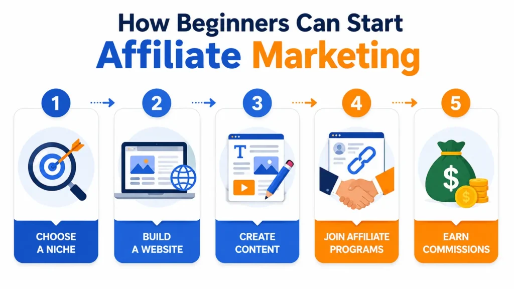 Step-by-step affiliate marketing roadmap for beginners in the USA showing niche selection, website creation, content development, affiliate programs, and earning commissions.